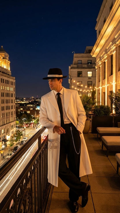 Men’s White Long Zoot Style Suit  | Vintage Gangster Mafia Formal Coat with Black Pants