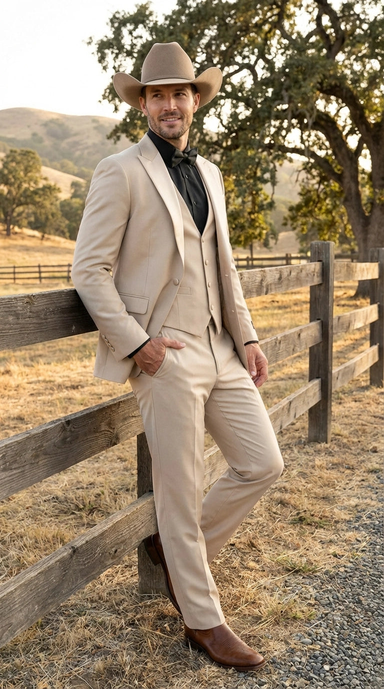 Men’s Tan Cowboy Suit – Western Formal Two Piece Suit for Weddings,  Champaign Sand Color