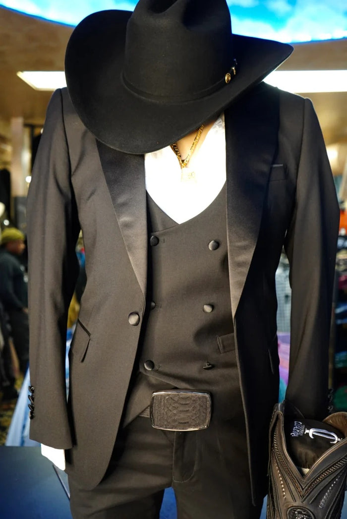 Men’s Black Western Tuxedo Suit – Satin Shawl Lapel Jacket with Double-Breasted Vest and Pants