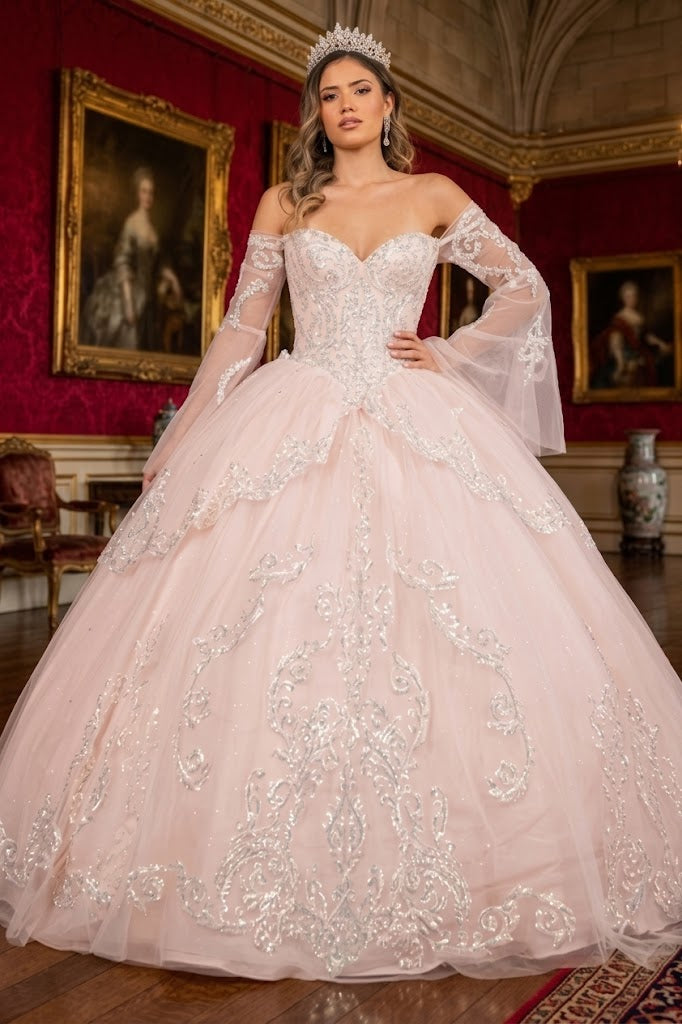 Off Shoulder Quinceañera Ball Gown with Glitter Tulle Sequin Embroidery Dress by Elizabeth K GL3109