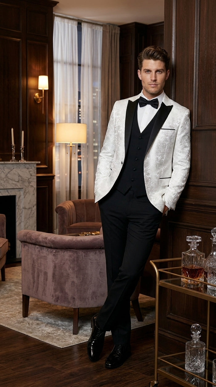 Men’s White Shiny Paisley Flower Pattern Tuxedo Jacket with Black Lapel, Formal Wedding Blazer