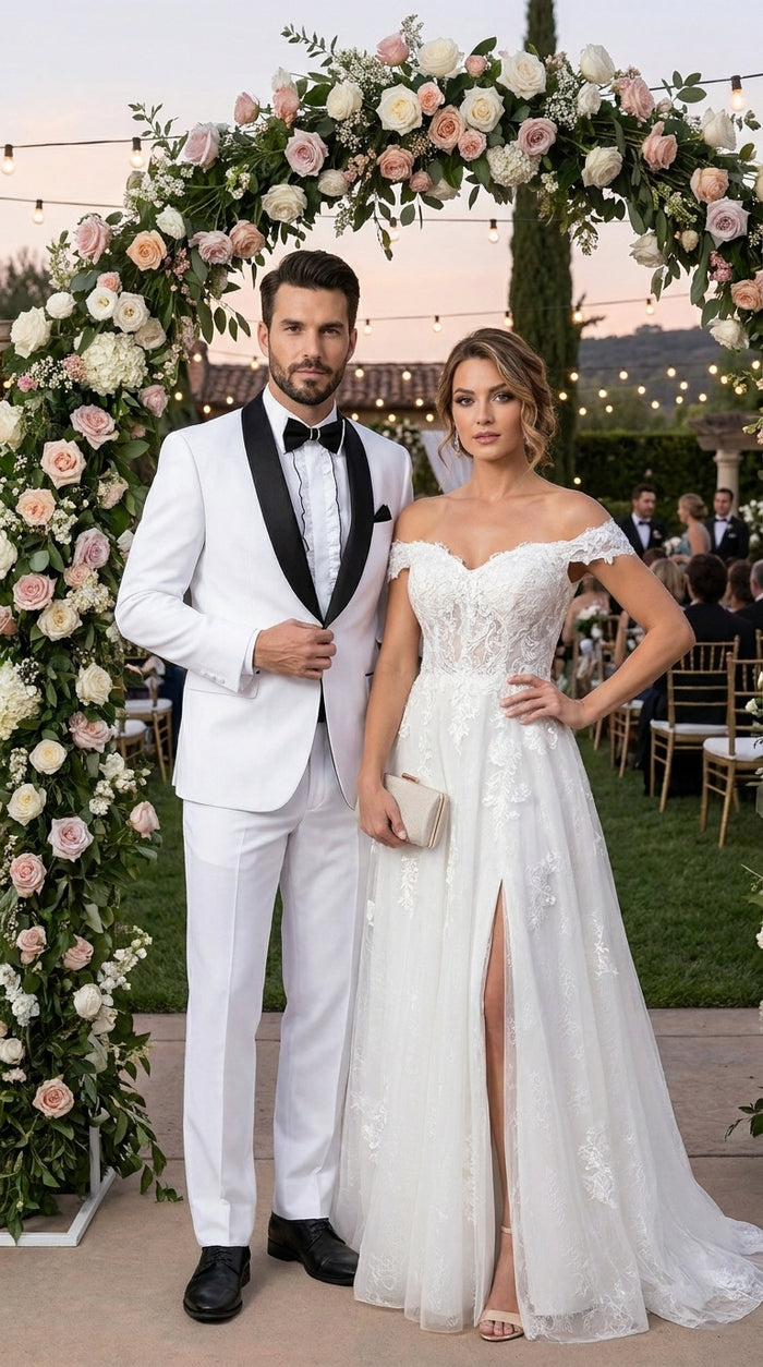 Men’s White and Black Classic Microfiber Shawl Tuxedo with Jacket and Pants, Formal Wedding Suit