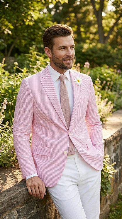 Men's Pink Seersucker Blazer – Lightweight Striped Summer Sport Coat Casual Smart Formal Jacket