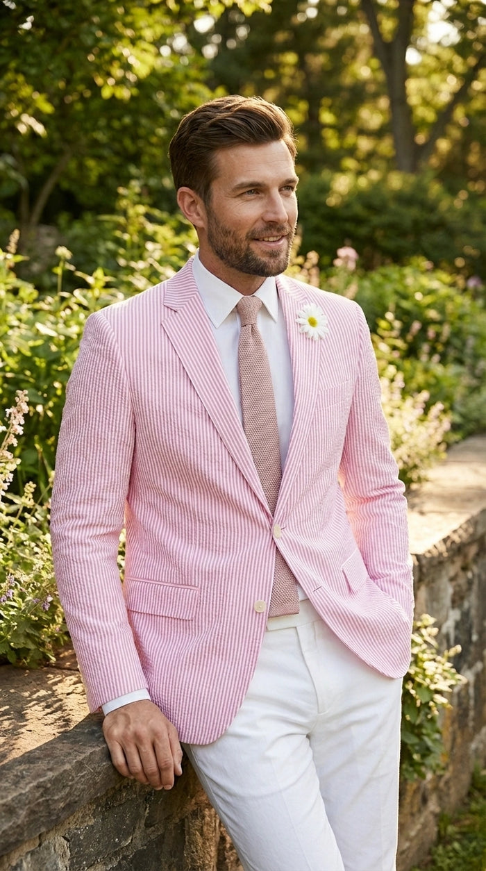 Men's Pink Seersucker Blazer – Lightweight Striped Summer Sport Coat Casual Smart Formal Jacket
