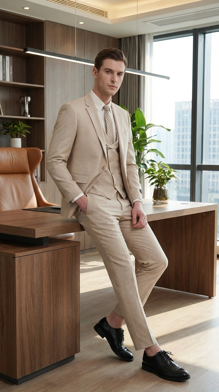 Mens Sand Beige 3 Piece Suit – Double breasted Vest Formal Suit Set  and Dress Pants in Champaign Natural Summer Color