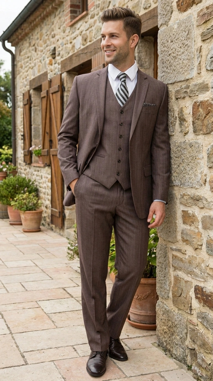 Men’s Brown Sharkskin 3 Piece Suit – Textured Two Button Vested Business Formal Suit for Wedding, Party Wear Elegant