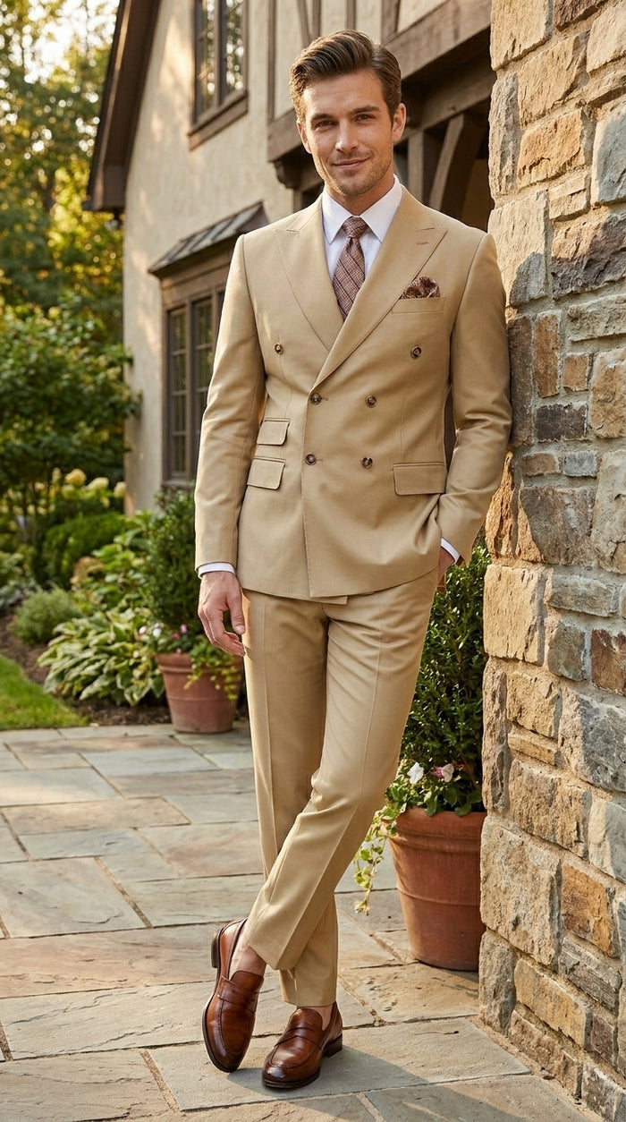 Mens Designer Modern Fit Double Breasted Designer Camel Gold Buttons Suit