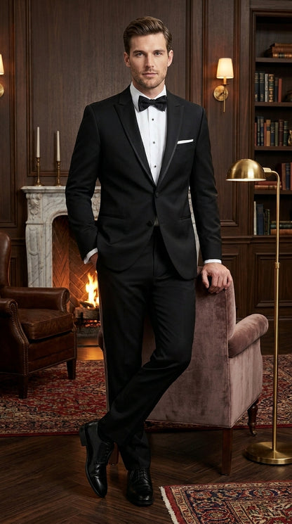 Men’s Black Designer Peak Trim Ashton Tuxedo with Satin Lapel, Formal Wedding Dinner Suit