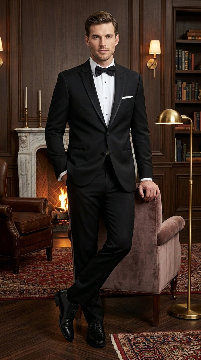 Men’s Black Designer Peak Trim Ashton Tuxedo with Satin Lapel, Formal Wedding Dinner Suit