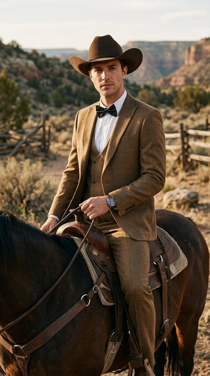 Men’s Light Brown Western 3-Piece Suit – Cowboy Wedding Suit with Vest British Khaki Bronze Color
