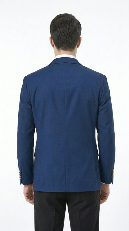 Men’s Sapphire Indigo Cobalt Blue Blazer with Gold Buttons – Classic Single Breasted Formal Business Jacket for Office, Wedding