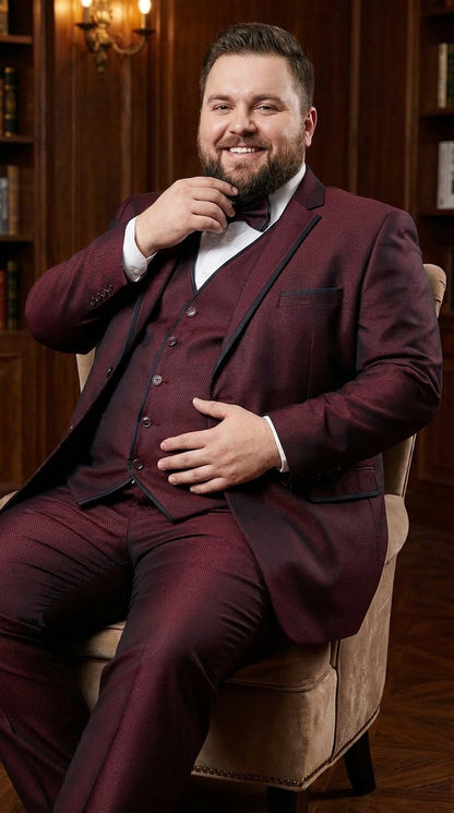 Men’s Burgundy Sharkskin Tuxedo with Satin Trim, Vested Formal Wedding and Prom Suit