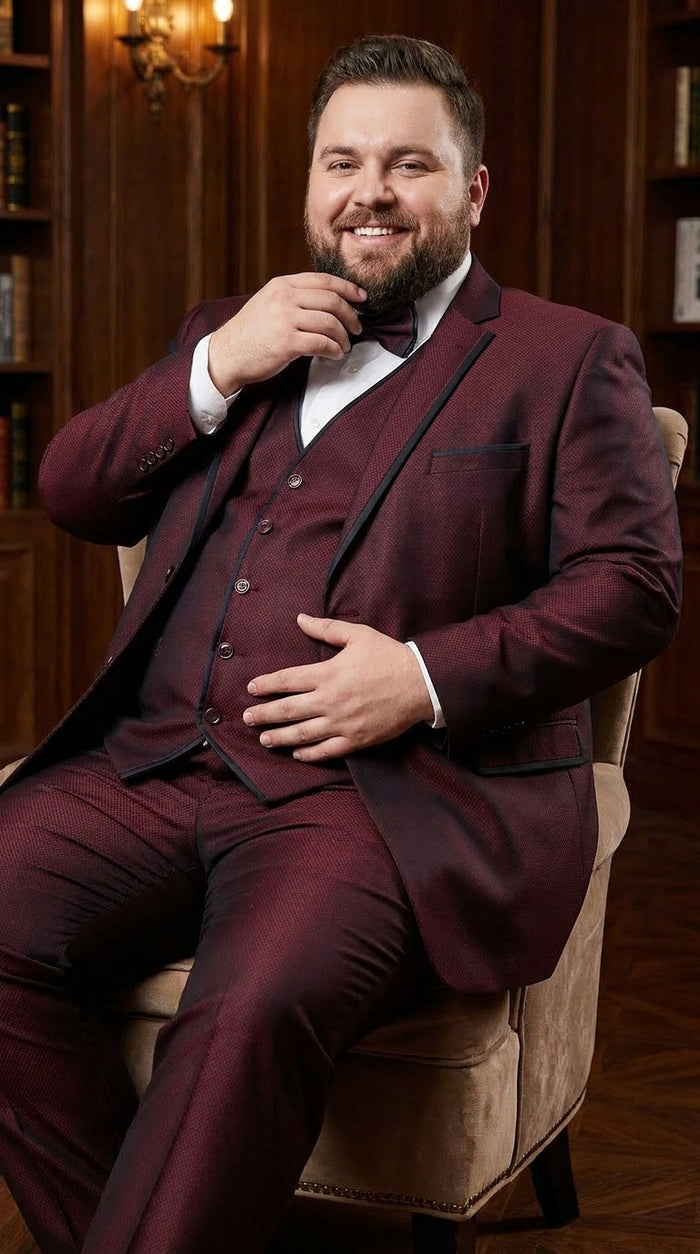 Men’s Burgundy Sharkskin Tuxedo with Satin Trim, Vested Formal Wedding and Prom Suit