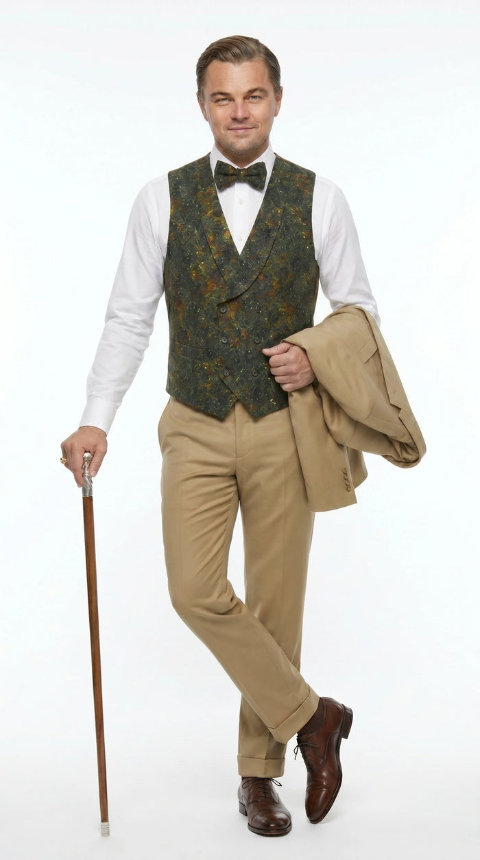 Men’s Khaki 3 Piece Suit with Patterned Vest, Great Gatsby Inspired Formal Suit for Weddings, Mardi Gra in Tan Camel Color