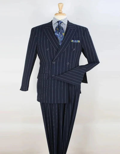 Men's Navy Blue Double Breasted Pinstripe Suit – Modern Fit By