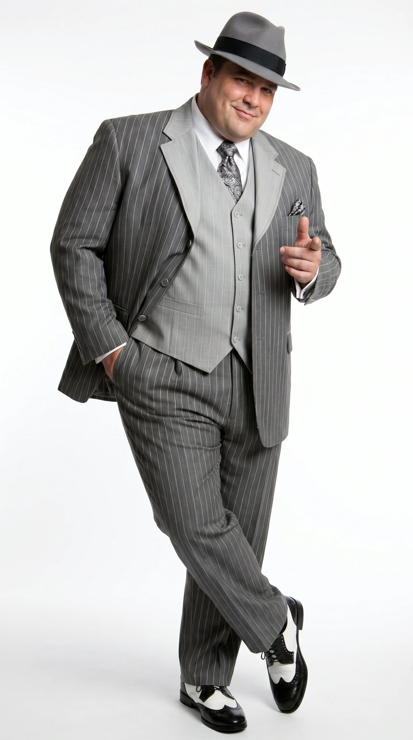 Men’s Grey Pinstripe 1920s Gangster 3 Piece Suit, Contrast Lapel Vintage Formal Suit for Parties, Prom, Weddings, and Theme Events