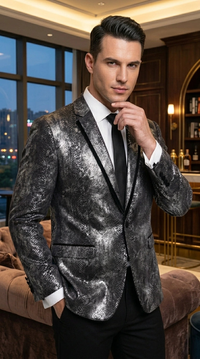 Men’s Black and Charcoal Gray Snakeskin Print Blazer, Animial Exotic Skin Alligator Crocodile Texture