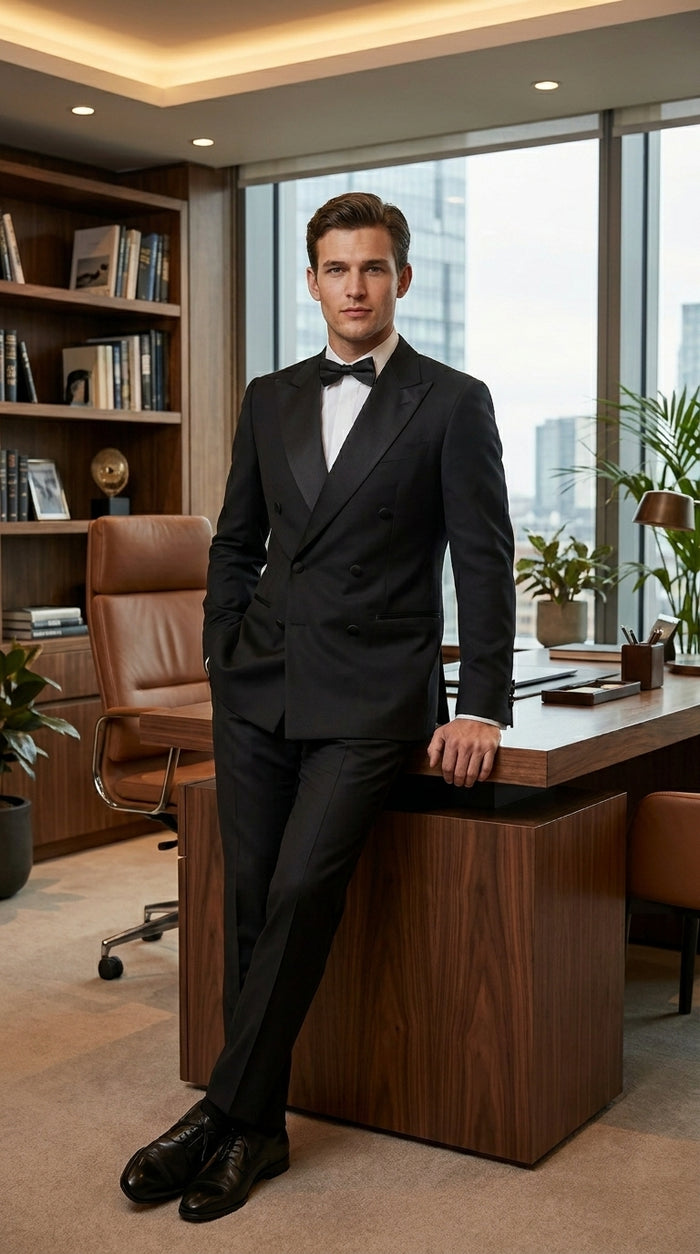 Men’s Black Double Breasted Tuxedo Jacket with Satin Peak Lapel, Formal Wedding Dinner Blazer