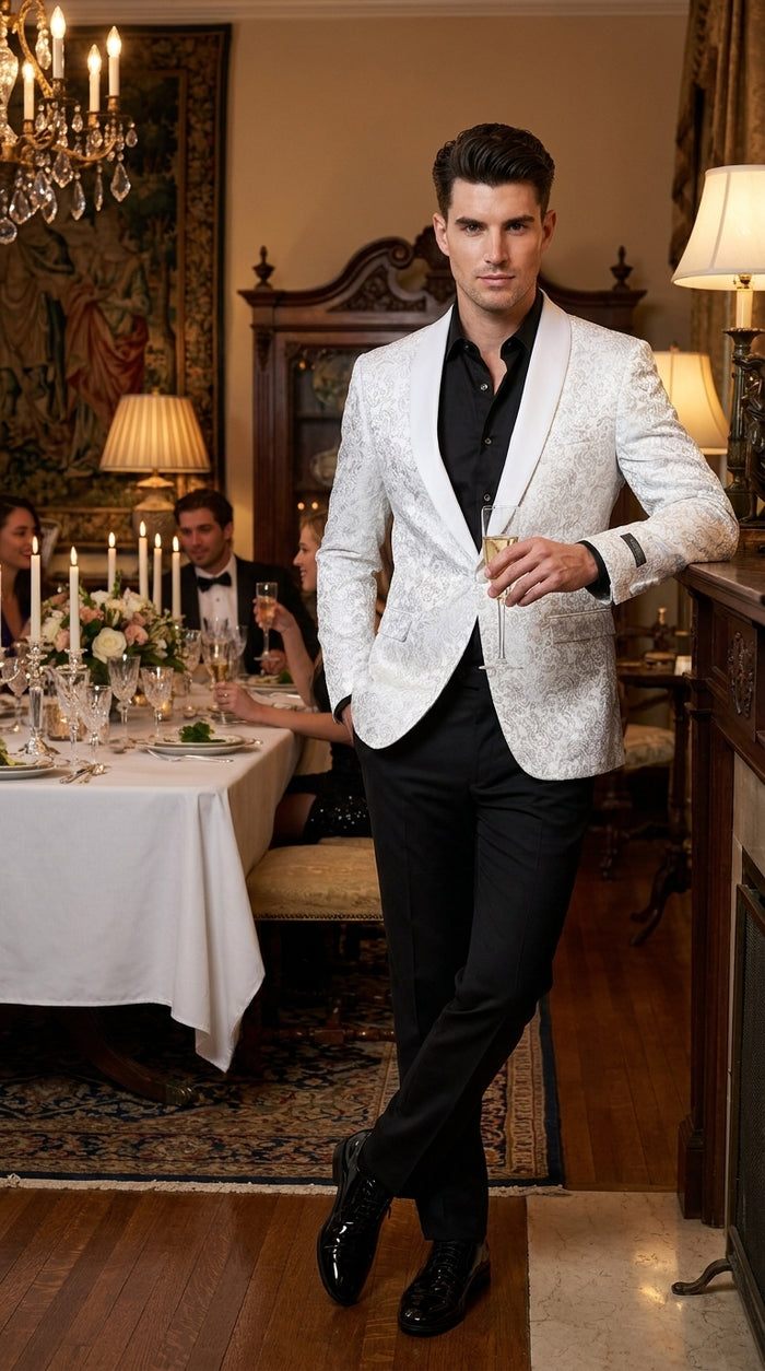 Men’s White Tonal Paisley Tuxedo Jacket with Satin Shawl Lapel, Wedding and Prom Dinner Blazer