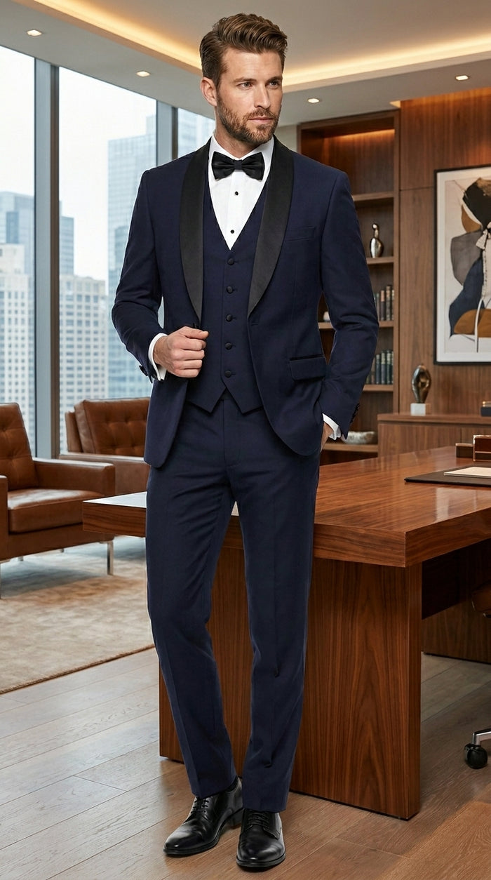 Men’s Navy Blue Vested Wool Tuxedo with 1 Button Jacket, Black Shawl Lapel and Matching Pants