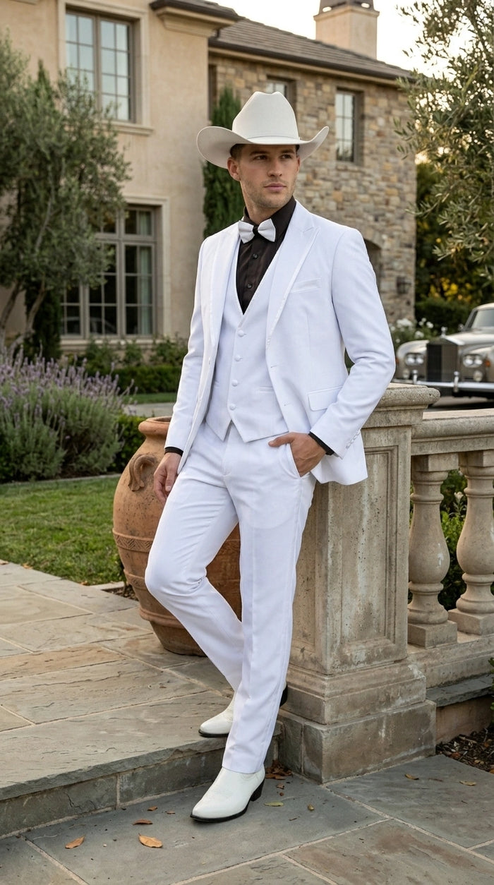Men’s White Western Cowboy 3 Piece Tuxedo Suit, Formal Wedding Prom Groom Suit Set