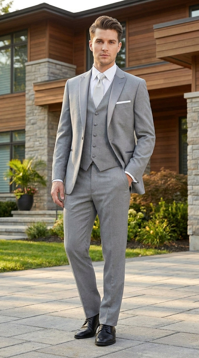 Men’s Light Grey Vested Tuxedo with One Button Jacket, Peak Lapel and Matching Pants
