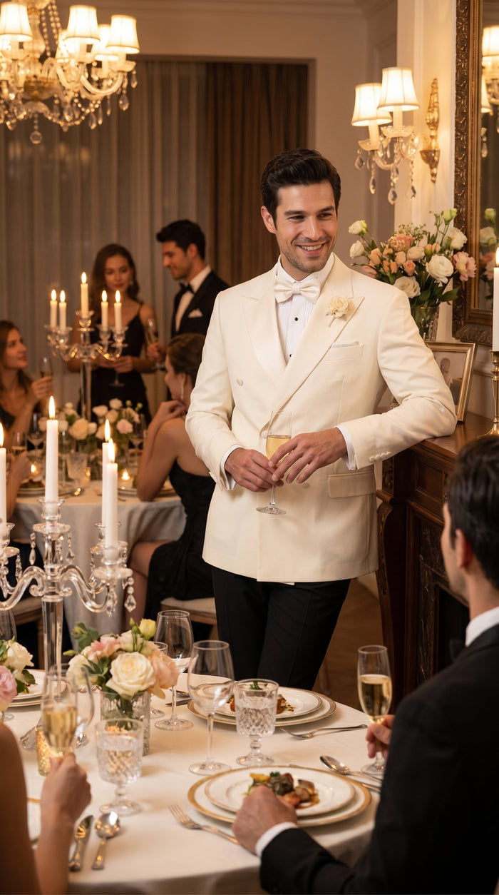 Men’s Ivory Double Breasted Dinner Jacket, Peak Lapel Formal Wedding Prom Tuxedo Blazer in cream off white color