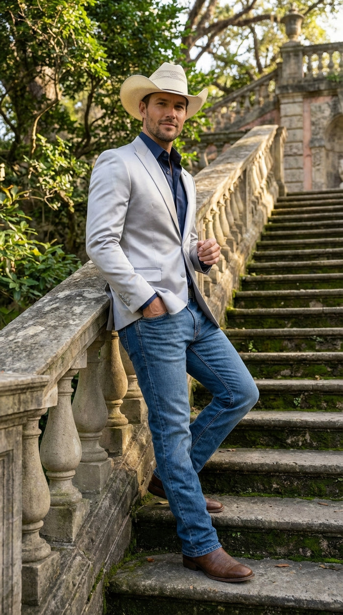 Men's Shiny Silver Cowboy Blazer – Western Style Satin Finish Blazer for Party, Country Events and Evening Wear