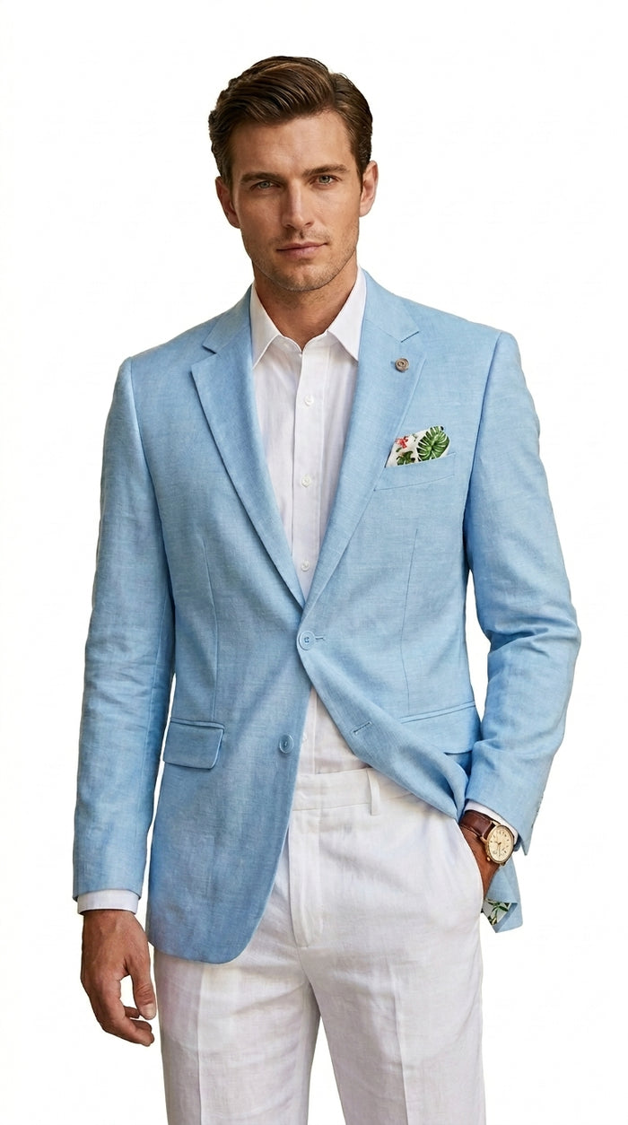 Men’s Sky Blue Linen Style Summer Blazer with Two Button Front, Lightweight Wedding Sport Coat
