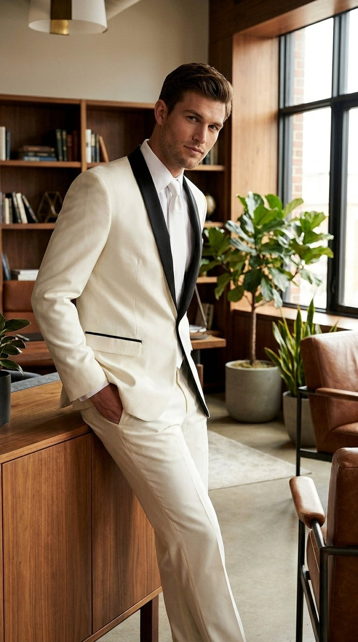 Men’s Ivory and Black Shawl Tuxedo Suit with Jacket and Pants, Formal Wedding Dinner Suit