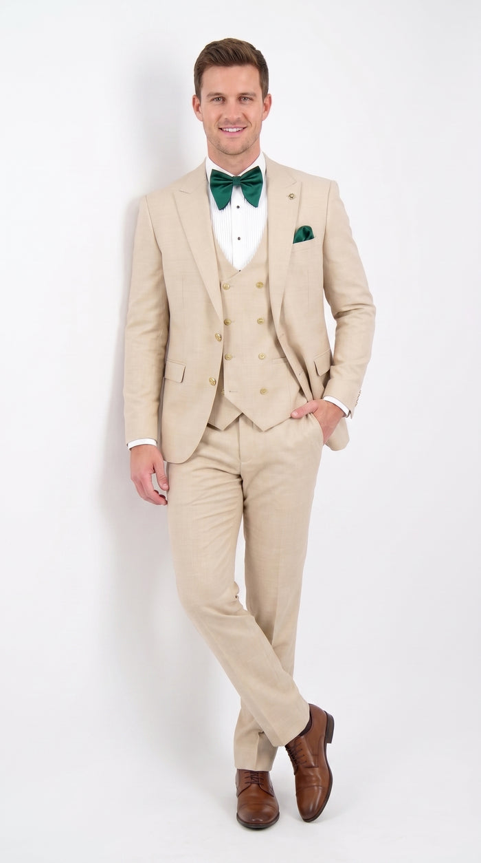 Men’s Khaki Tan 3-Piece Groomsmen Suit – Wedding Suit with Double-Breasted Vest and Pants Great Gatsby Style Gold buttons
