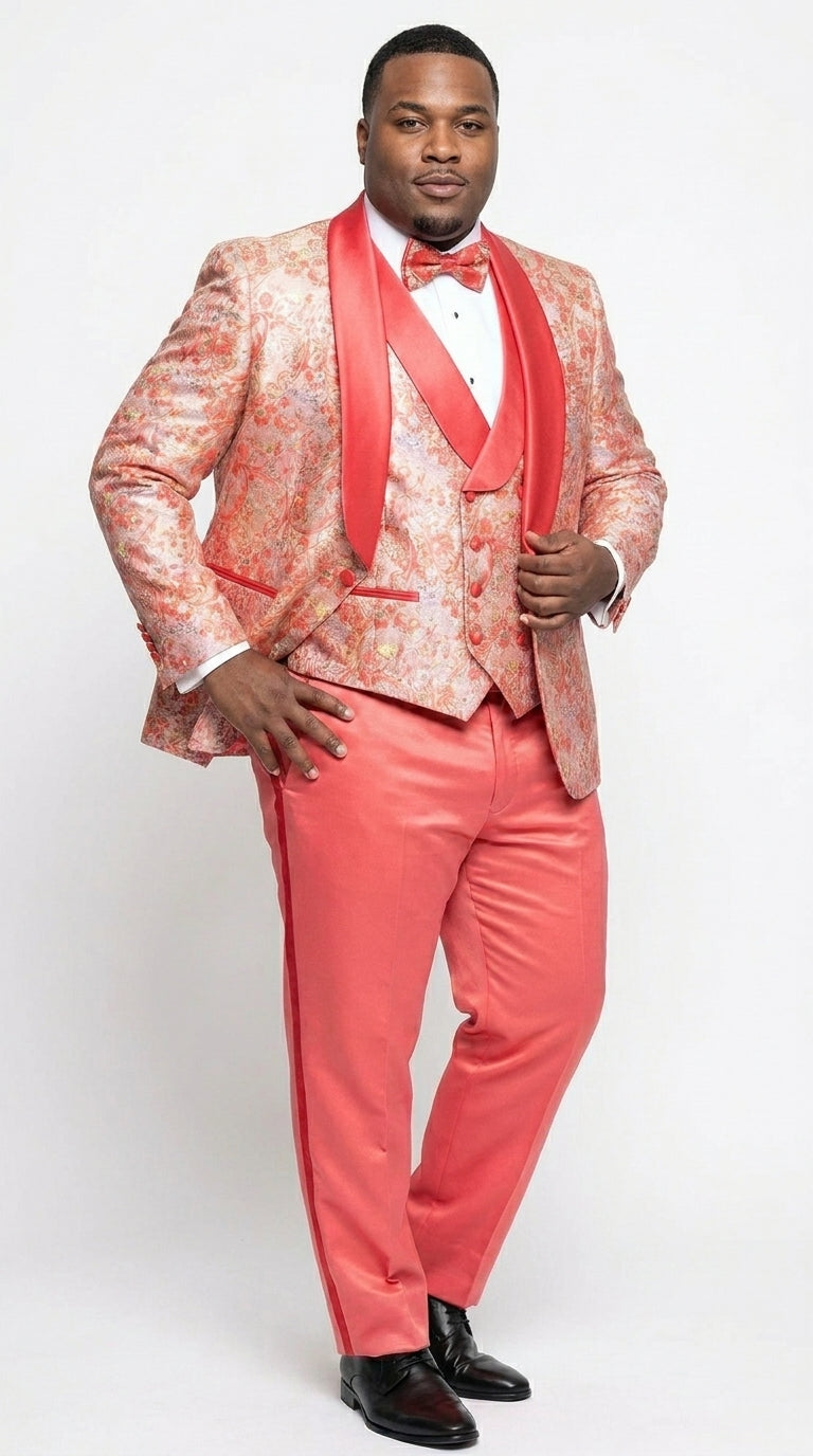 Men's One Button Paisley Wedding Tuxedo with Double Breasted Vest in Coral Orange