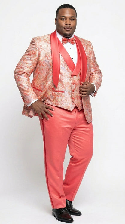 Men's One Button Paisley Wedding Tuxedo with Double Breasted Vest in Coral Orange