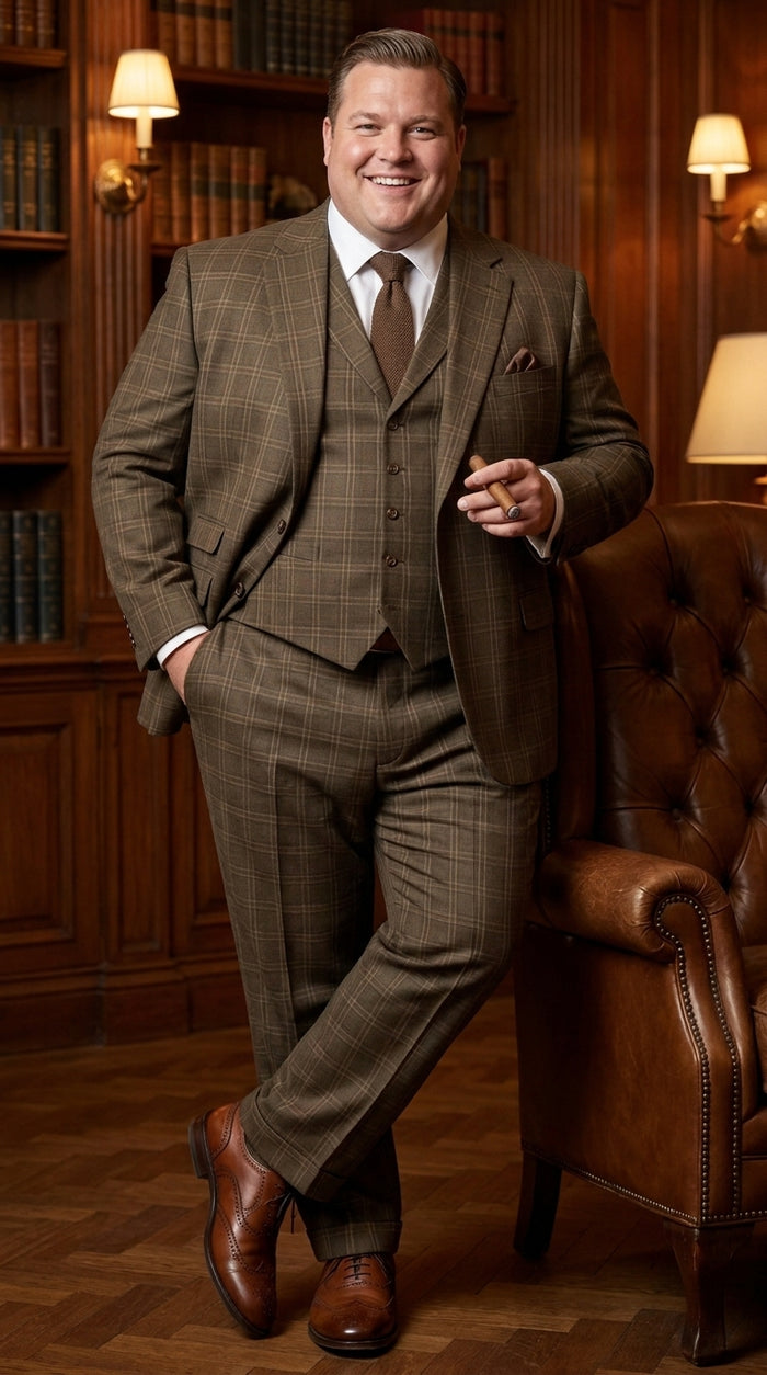 Men’s 1930s Brown Plaid 3 Piece Suit, Vintage Formal Wedding Business Dress Suit Set