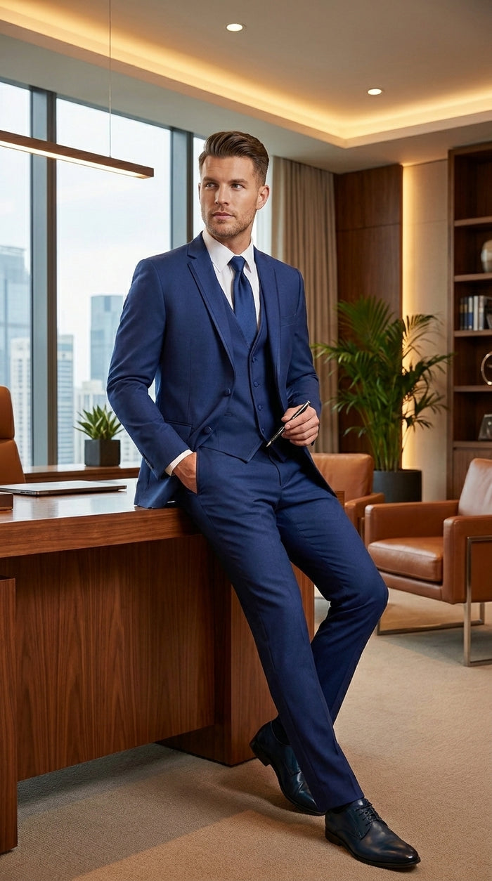 Men’s Blue 3 Piece Vested Tuxedo with 2 Button Jacket, Satin Trim and Matching Pants