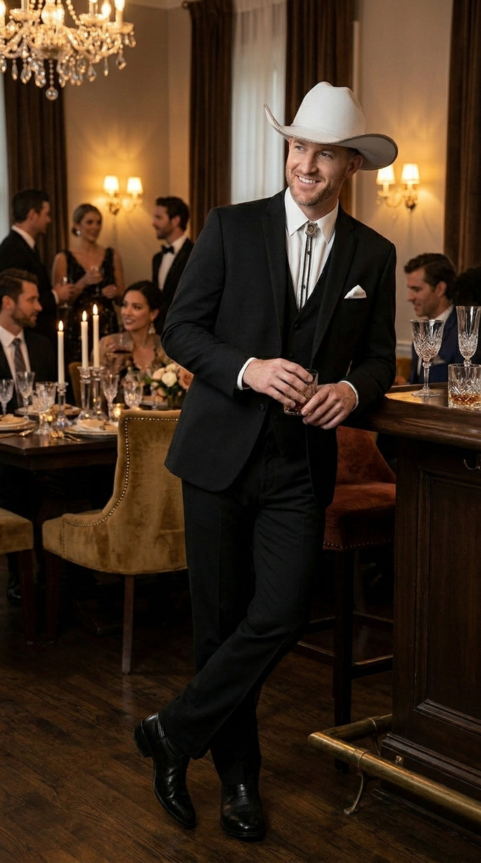 Men’s Black Western Wedding Suit with Vest and Pants, Cowboy Tuxedo Formal Dress Suit
