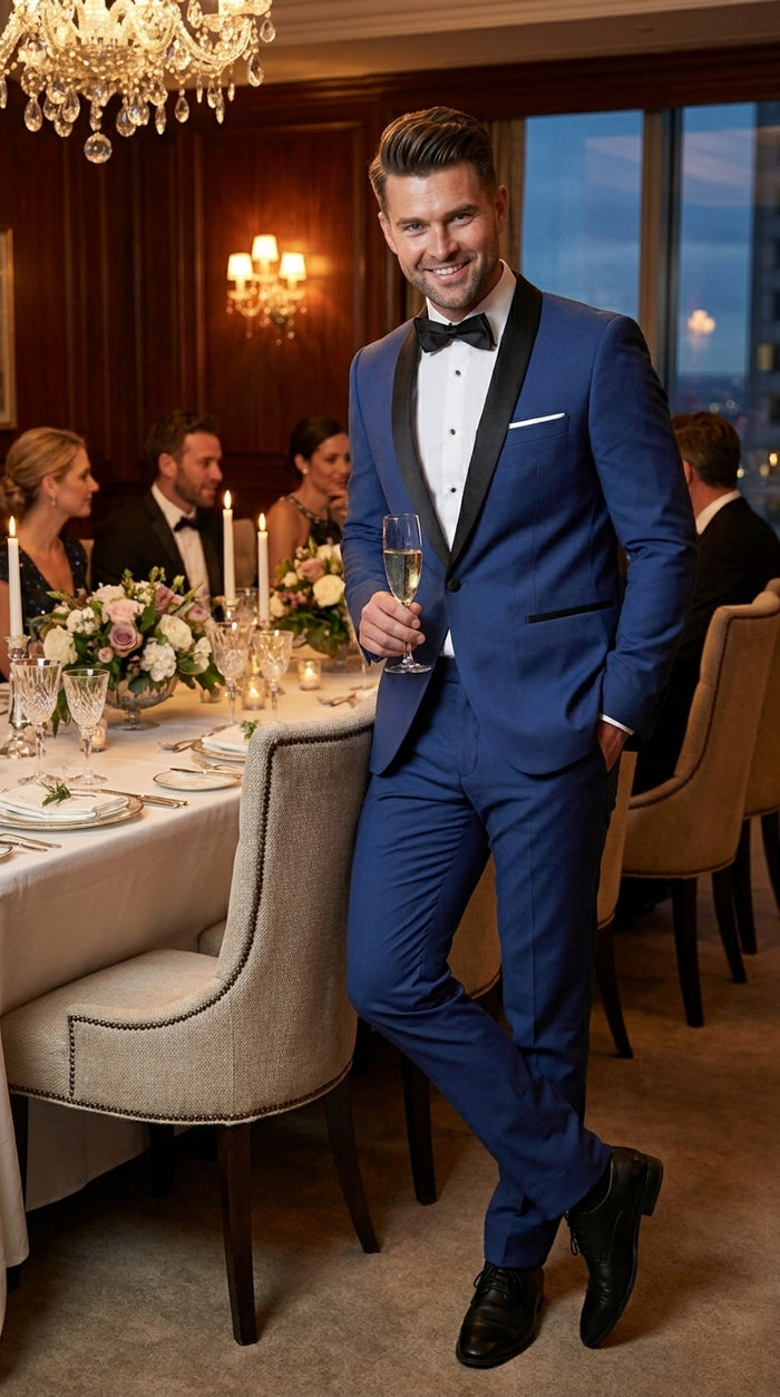 Men’s Indigo Shawl Prom Tuxedo with Black Lapel, One Button Jacket and Matching Pants