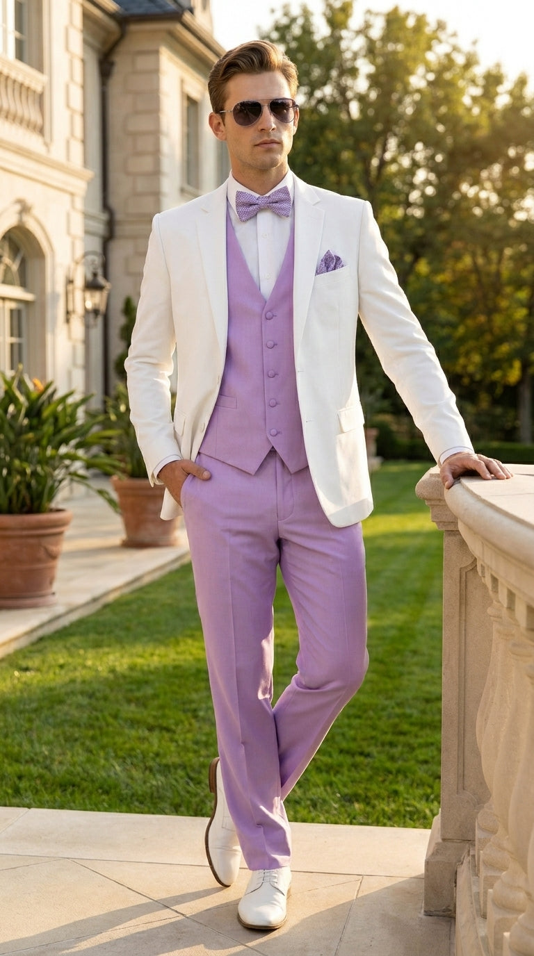 Men’s White and Lavender Tuxedo Wedding Suit with Dinner Jacket, Vest, Pants and Bow Tie