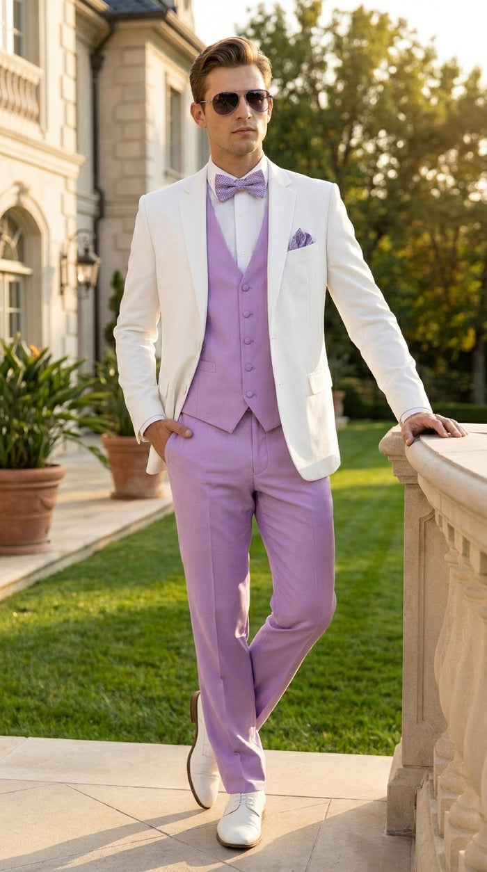 Men’s White and Lavender Tuxedo Wedding Suit with Dinner Jacket, Vest, Pants and Bow Tie
