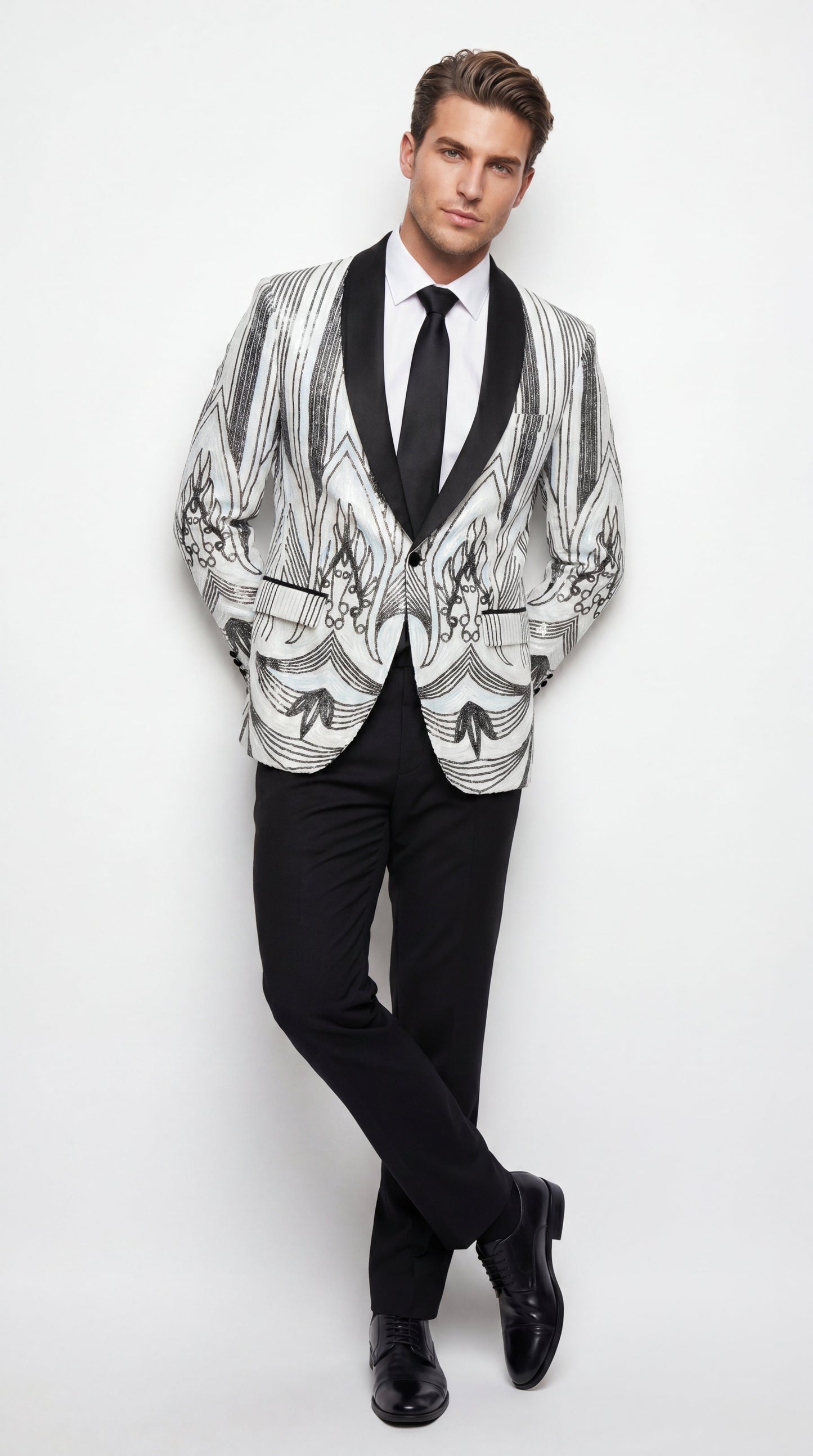 Men’s White and Black Patterned Tuxedo Blazer – Luxury Designer Dinner Jacket for Wedding, Prom and Formal Events New Year Christmas Holiday