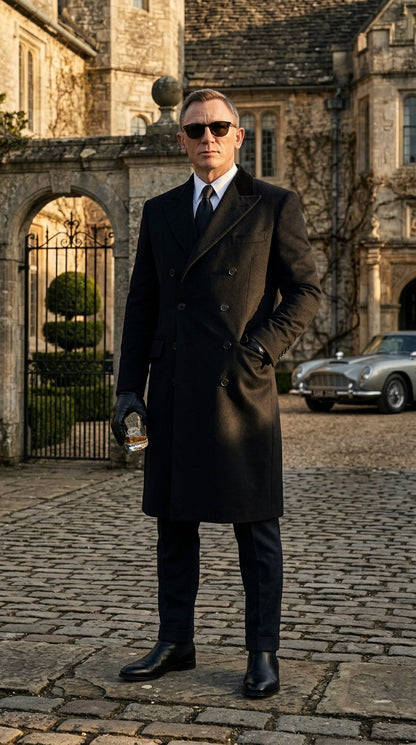 Men’s Black Double Breasted Overcoat, James Bond Inspired Long Formal Coat for Weddings, Business Events, Parties, and Winter Occasions