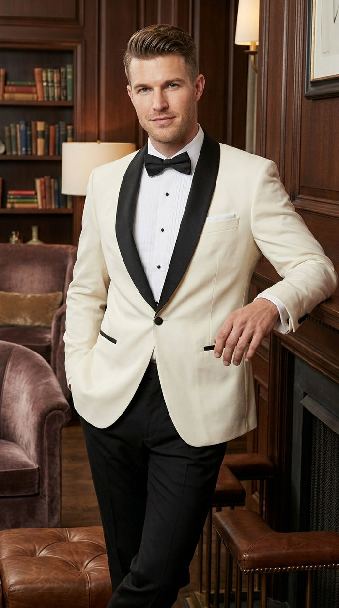 Men’s Ivory Dinner Jacket Blazer with Black Shawl Lapel, Formal Wedding Tuxedo Sport Coat