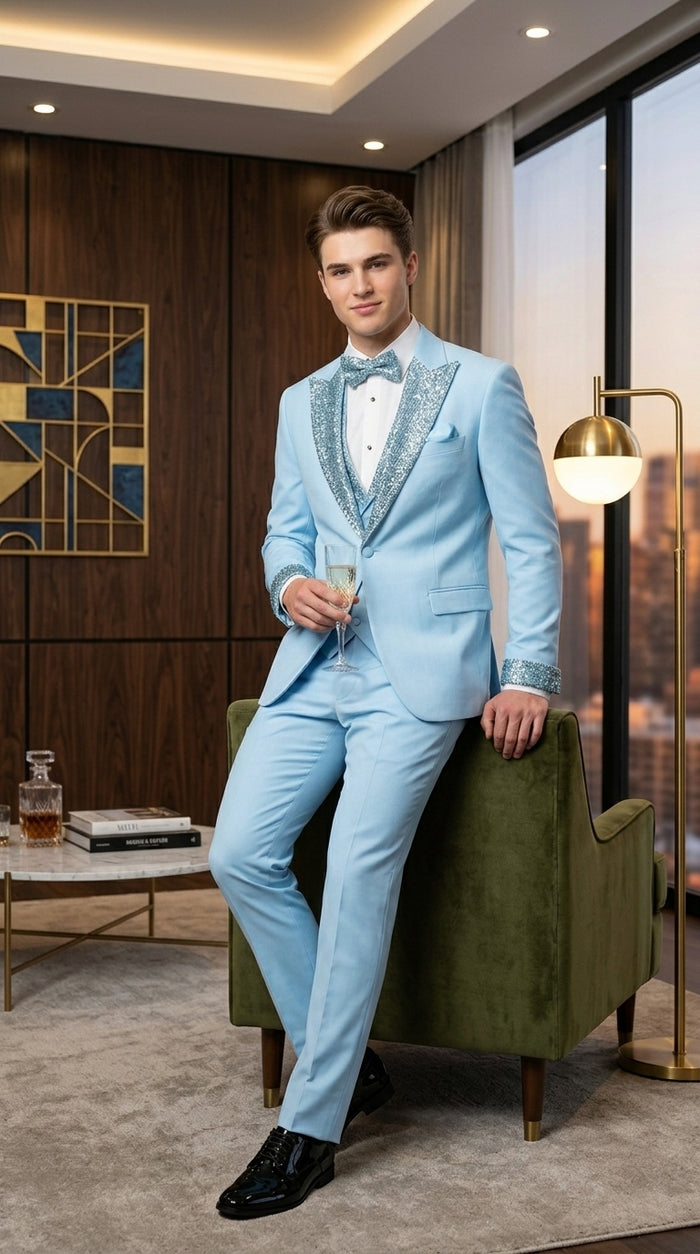 Men’s Baby Blue Prom Tuxedo Suit with Silver Rhinestone Sequin Lapel and Matching Vest