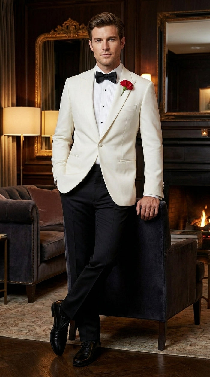 Men’s Ivory White Formal Dinner Suit Set with Jacket and Pants, Classic Wedding Tuxedo Style