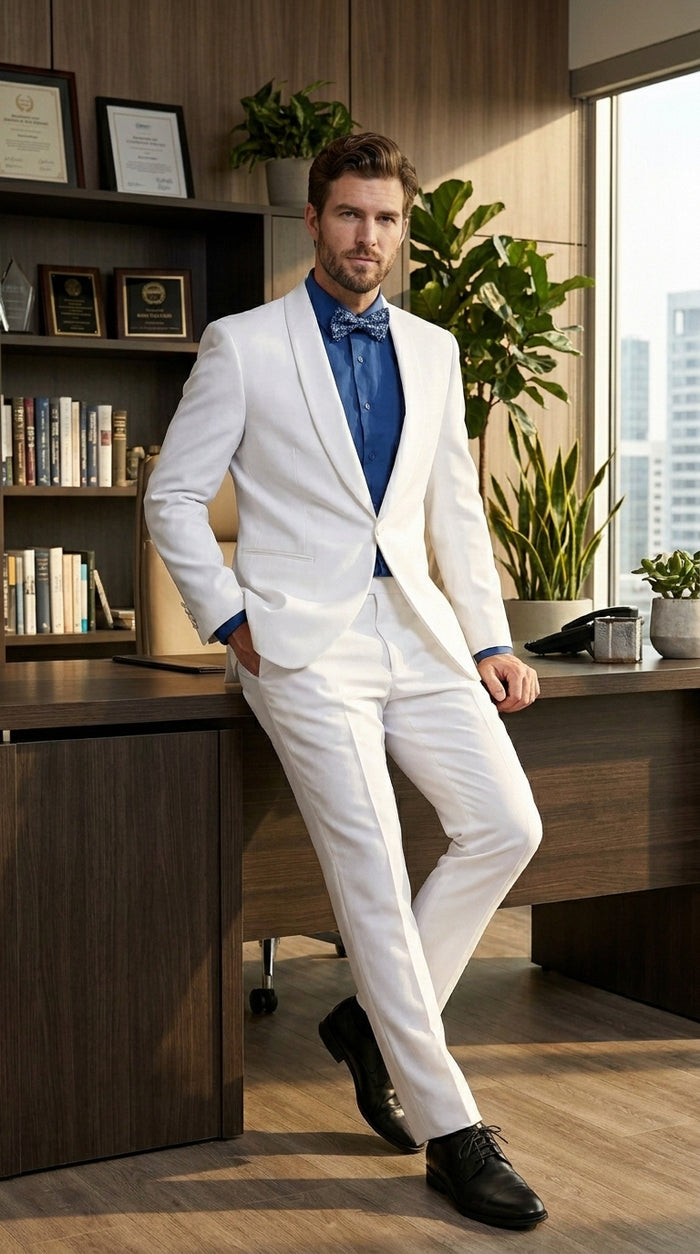 Men’s White Classic Microfiber Shawl Tuxedo with Jacket and Pants, Formal Wedding Dinner Suit