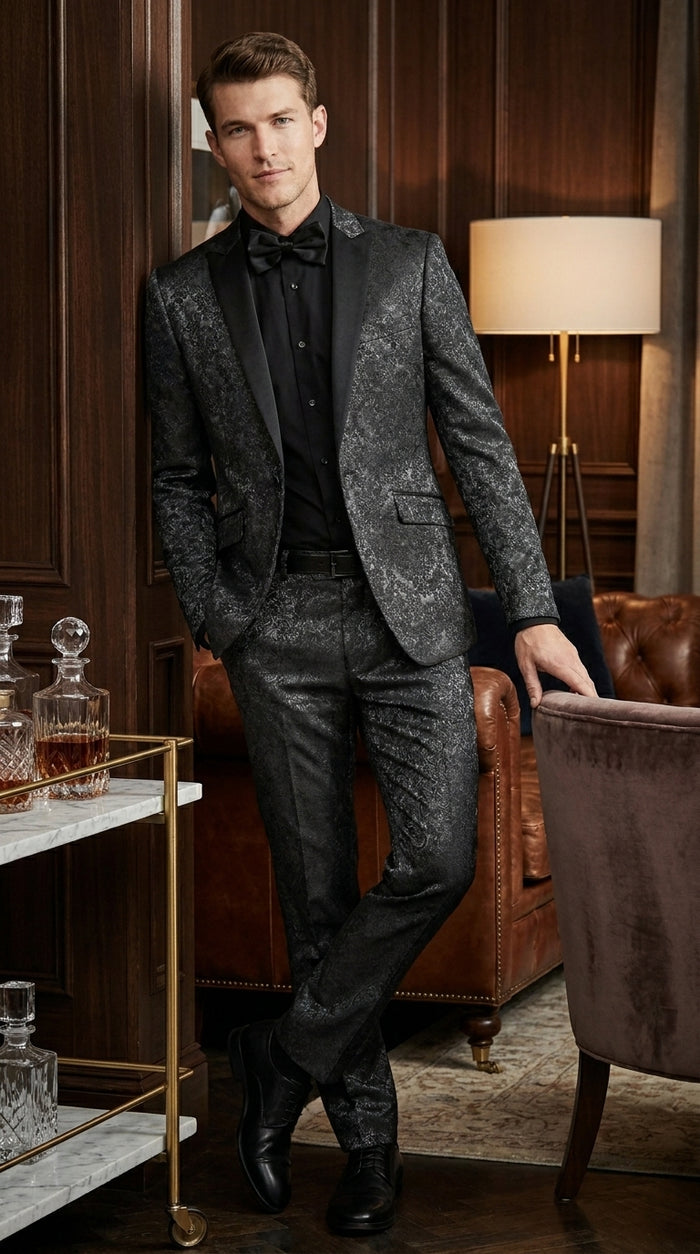 Men’s Black Paisley Wedding and Prom Tuxedo with One Button Jacket, Formal Dinner Suit