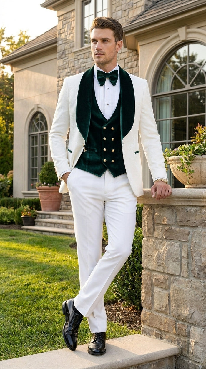 Men’s White and Green Tuxedo Wedding Suit with Shawl Lapel, Velvet Vest and Pants