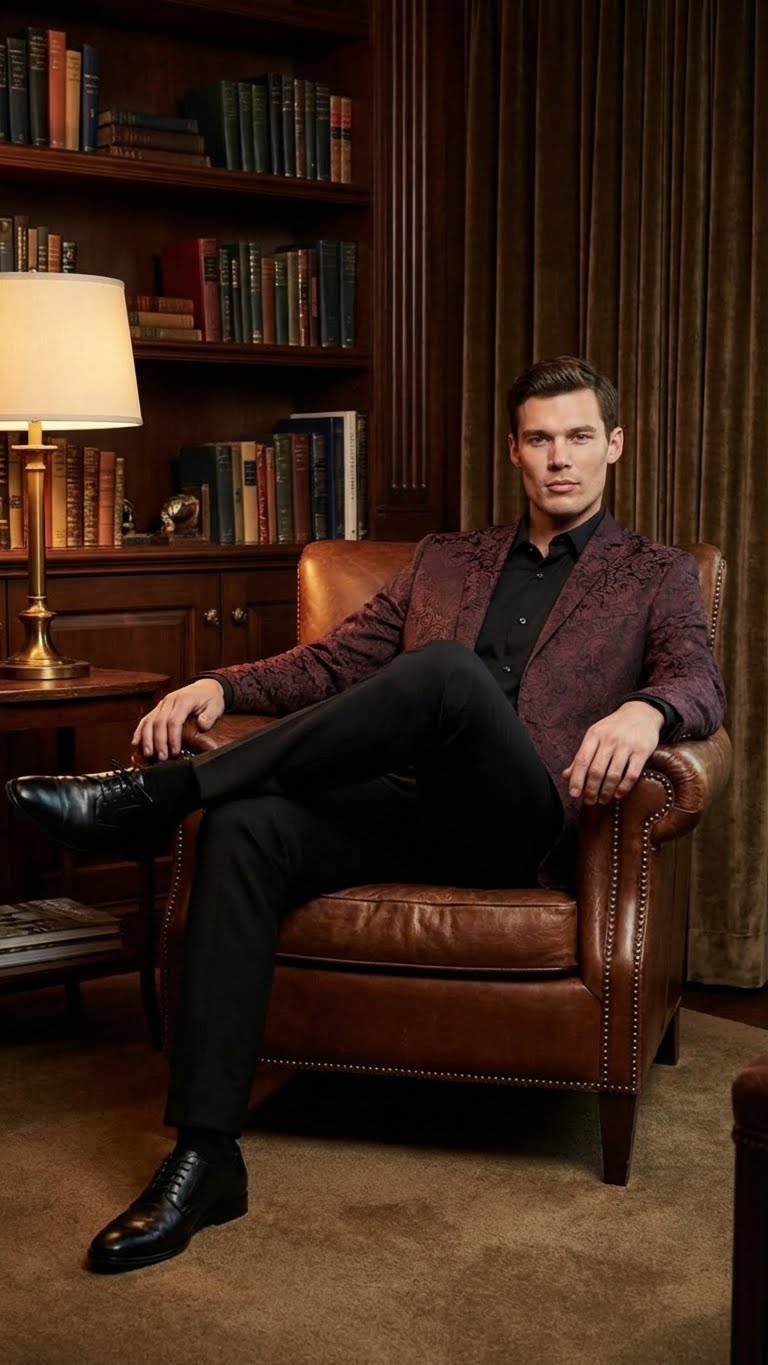 Mens Burgundy Paisley Blazer Sport Coat  Velvet Dinner Jacket floral in Maroon Wine Color Ultra Slim Fit Smoking Jacket