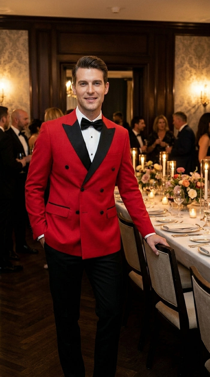 Men’s Red Double Breasted Wool Tuxedo with Black Lapel, Formal Wedding Prom Dinner Jacket