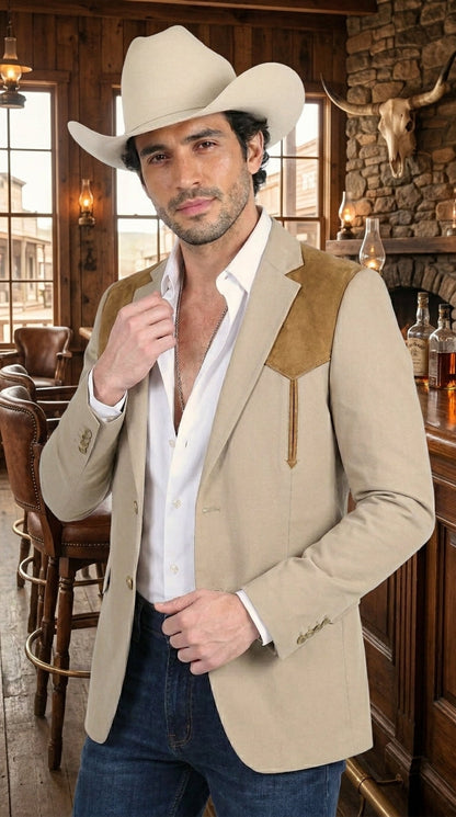 Men’s Khaki Western Blazer with Suede Yokes, Cowboy Sport Coat , Ranch and Country Events in Tan Khaki Color By Platini